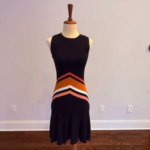 Shoshanna Navy Blue Sleeveless Midi dress with chevron pattern at waist. Sz. XS